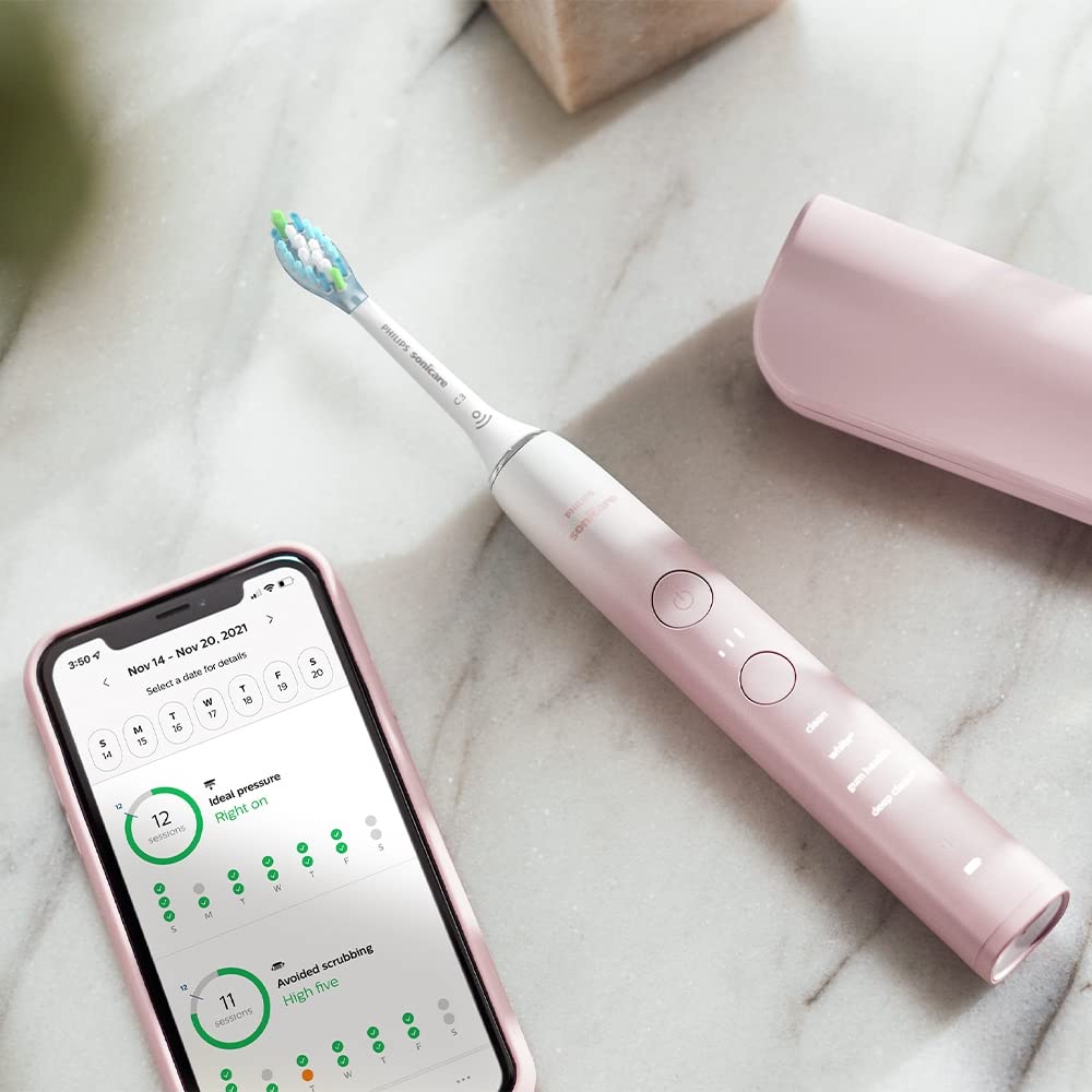 Philips Sonicare DiamondClean 9000 toothbrush with app, pressure sensor, 12 settings, reminder, charger, travel case, pink, HX9911/90.