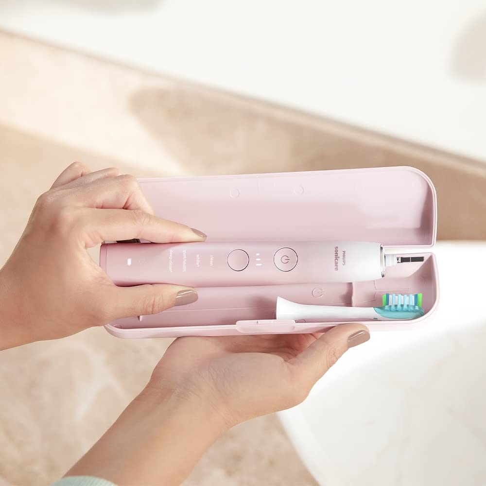 Philips Sonicare DiamondClean 9000 toothbrush with app, pressure sensor, 12 settings, reminder, charger, travel case, pink, HX9911/90.