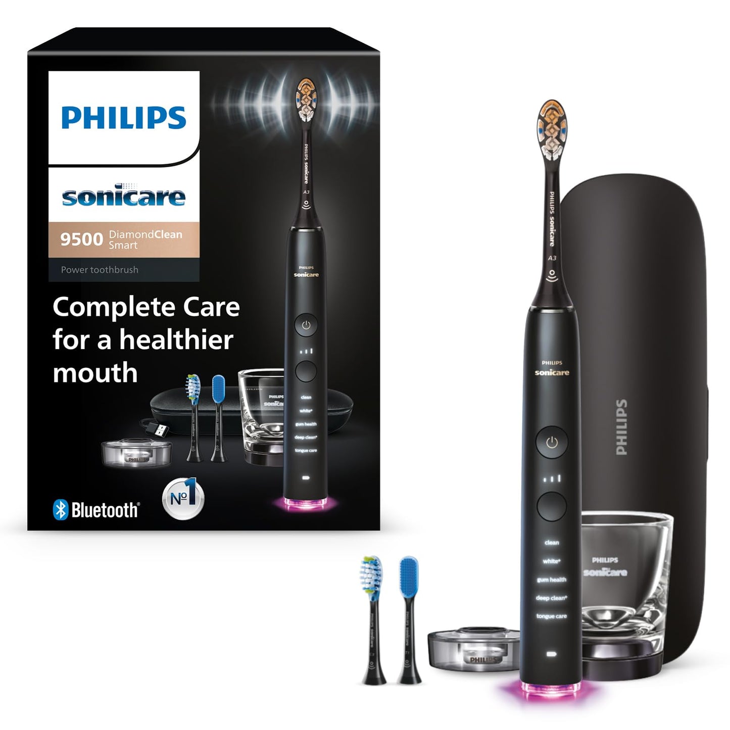 Philips Sonicare DiamondClean 9500 smart toothbrush with app, pressure sensor, 5 modes, 3 intensities, brush head detection, black.