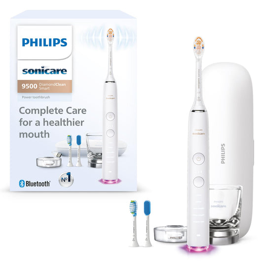 Philips Sonicare DiamondClean 9500 smart toothbrush with app, pressure sensor, 5 modes, 3 intensities, brush head detection, white.