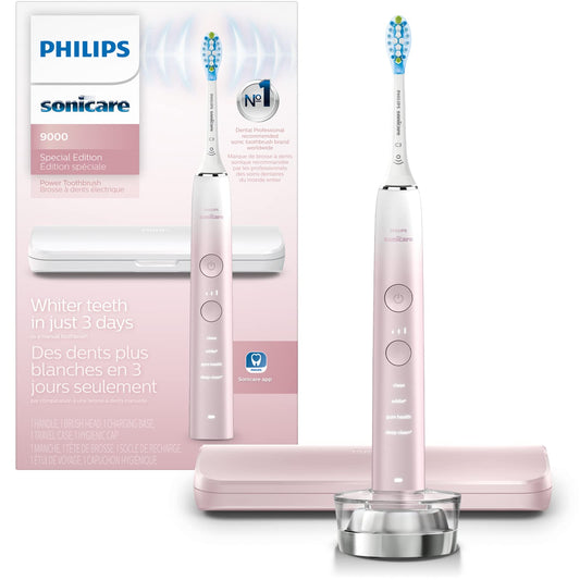 Philips Sonicare DiamondClean 9000 toothbrush with app, pressure sensor, 12 settings, reminder, charger, travel case, pink, HX9911/90.