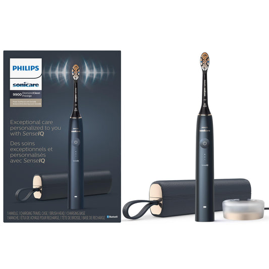 Philips Sonicare DiamondClean 9900 Prestige toothbrush with SenseIQ, AI app, 5 modes, 3 intensities, travel case, midnight blue.