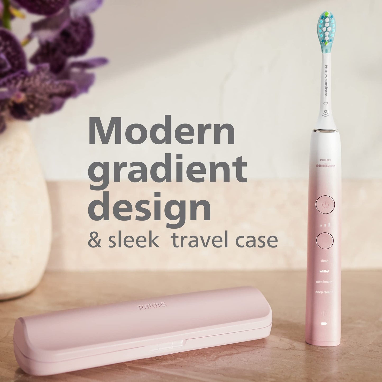 Philips Sonicare DiamondClean 9000 toothbrush with app, pressure sensor, 12 settings, reminder, charger, travel case, pink, HX9911/90.