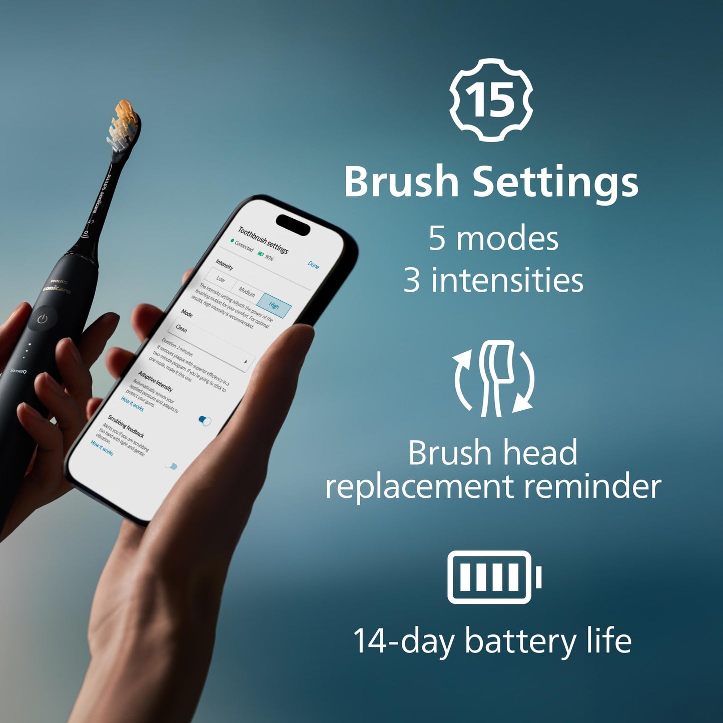 Philips Sonicare DiamondClean 9900 Prestige toothbrush with SenseIQ, AI app, 5 modes, 3 intensities, travel case, midnight blue.