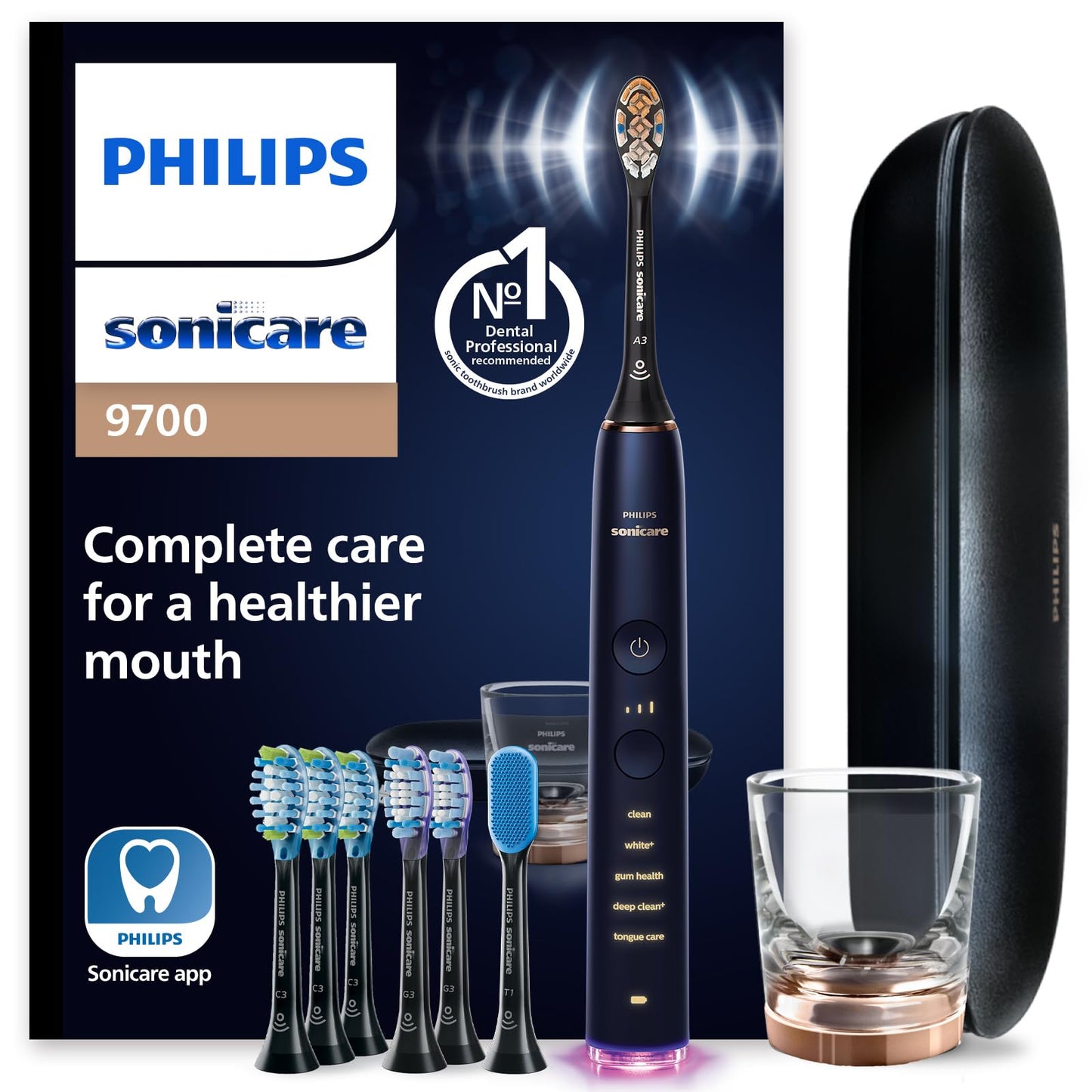 Philips Sonicare DiamondClean Smart 9700 toothbrush with app, pressure sensor, 5 modes, 3 intensities, brush head detection, lunar blue.