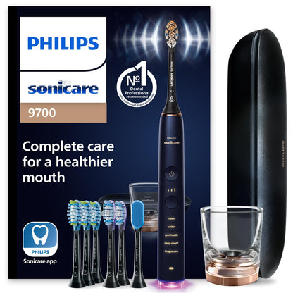 Philips Sonicare DiamondClean Smart 9700 toothbrush with app, pressure sensor, 5 modes, 3 intensities, brush head detection, lunar blue.