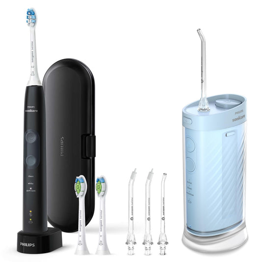 Philips Sonicare Compact Flosser 1000 (blue) with ProtectiveClean 5300 toothbrush and 2-pack nozzles bundle.
