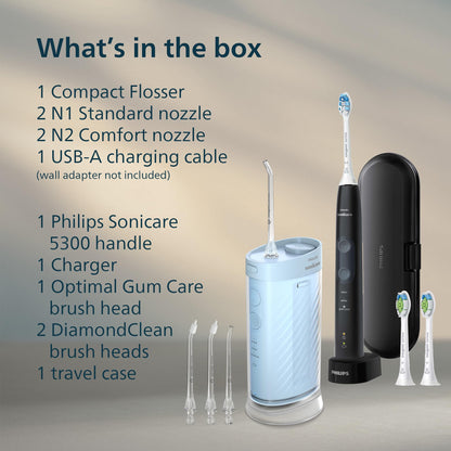 Philips Sonicare Compact Flosser 1000 (blue) with ProtectiveClean 5300 toothbrush and 2-pack nozzles bundle.