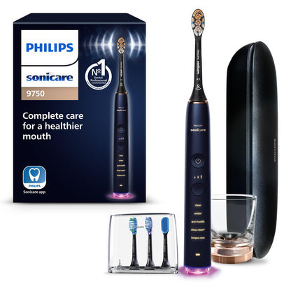 Philips Sonicare DiamondClean Smart 9750 toothbrush with app, pressure sensor, 5 modes, 3 intensities, brush head detection, lunar blue.