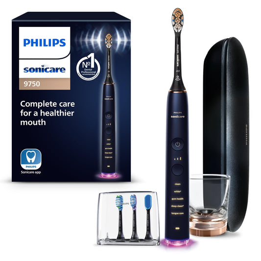Philips Sonicare DiamondClean Smart 9750 toothbrush with app, pressure sensor, 5 modes, 3 intensities, brush head detection, lunar blue.