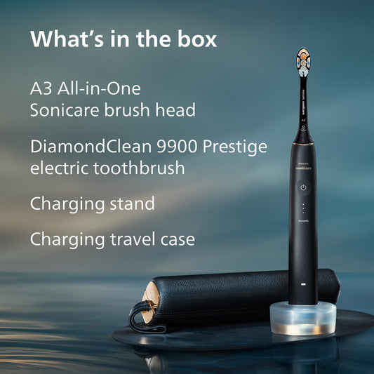 Philips Sonicare DiamondClean 9900 Prestige toothbrush with SenseIQ, AI app, 5 modes, 3 intensities, travel case, midnight blue.